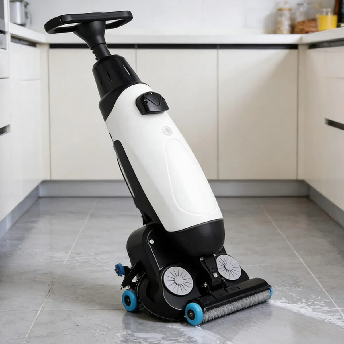 Laveuse-laveuse Manuelle sans Fil, Rotation à 360°, 13 000 pi²/h, Double Brosse rotative, idéale pour Les Restaurants, Bureaux et centres commerciaux White