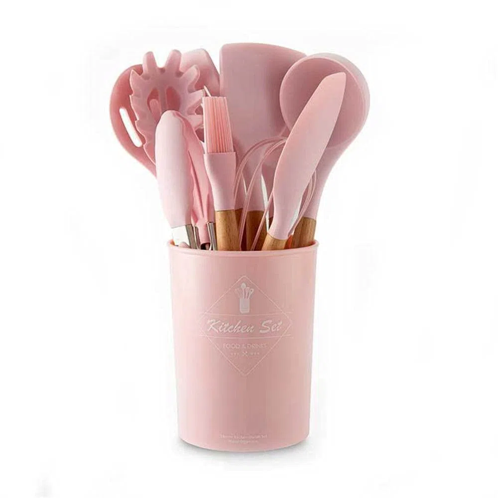 Ensemble d'ustensiles de Cuisine en Silicone 11 pièces avec poignées en Bois et ustensiles de Cuisson résistants à la Chaleur pour ustensiles de Cuisine antiadhésifs (Rose)