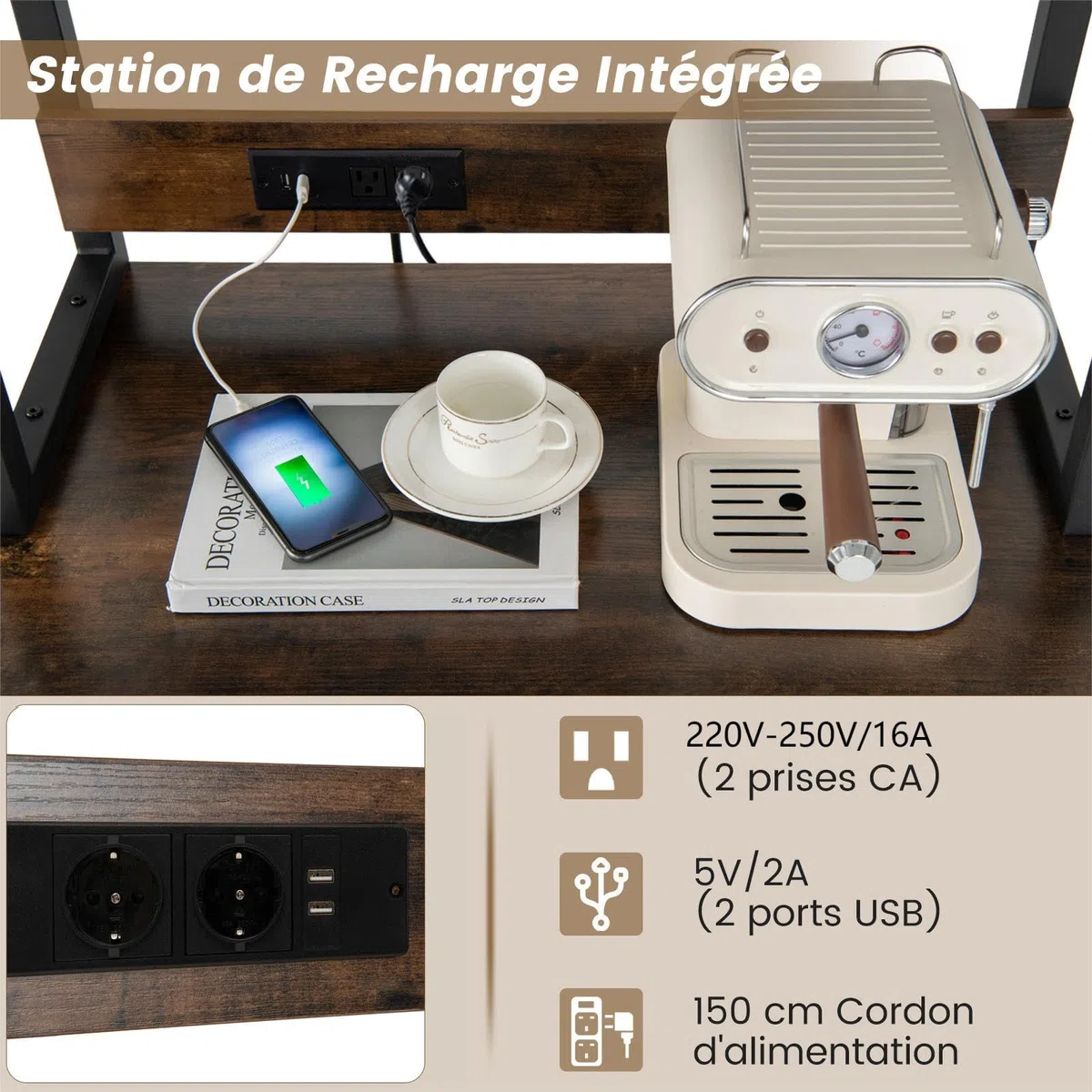 COSTWAY Casier à Vin Industriel de 24 Bouteilles, 4 Étagères de Rangement, Porte-Verre, Porte Bouteilles, Prises de Courant, 2 USB, pour Bar, Cuisine, 48 x 76 x 162,5 cm, Marron Rustique
