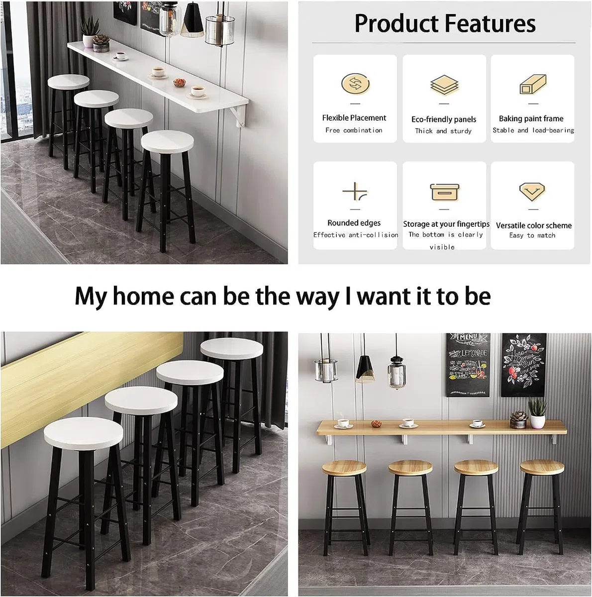 Table de salle à manger murale étroite pour cuisine, bar ou café – Gain de place – 100 x 40 cm de long – Design parfait pour les petites surfaces – Noir
