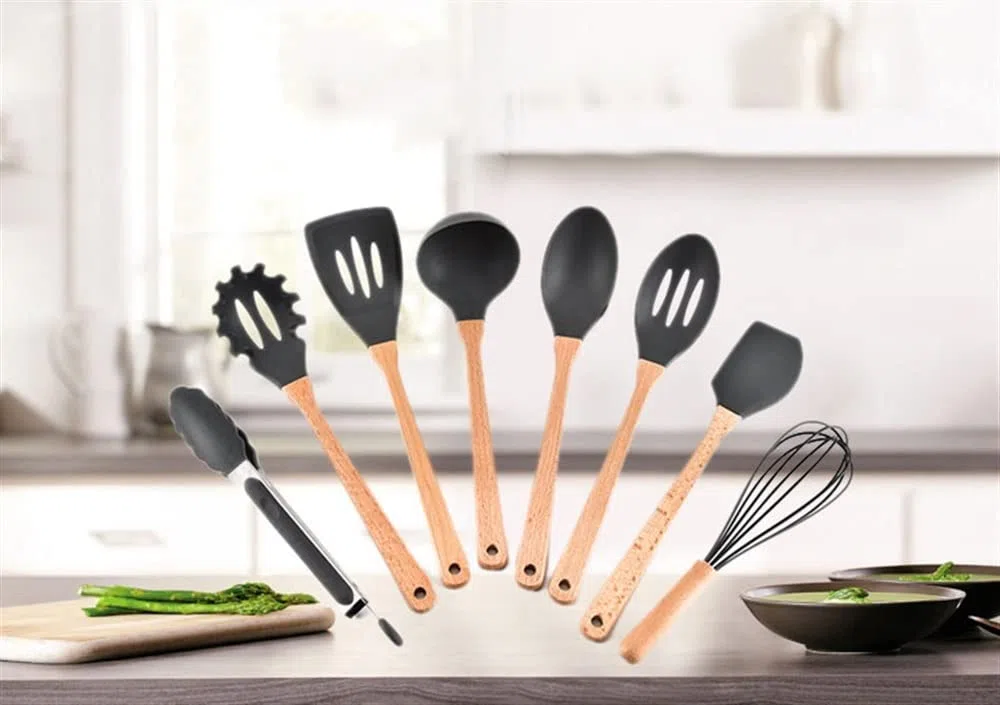 Ensemble d'ustensiles de Cuisine en Silicone, 8 pièces avec poignées en Bois, têtes en Silicone de qualité Alimentaire, ustensiles de Cuisine en Silicone pour ustens