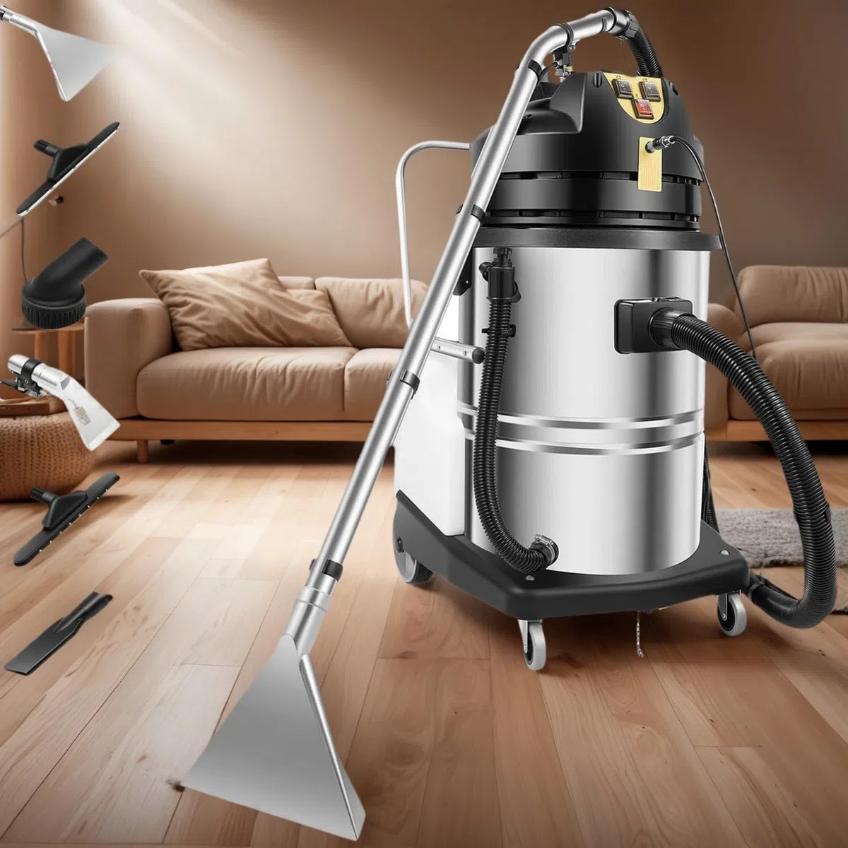 Machine de nettoyage de tapis professionnelle 3 en 1 (30 L/40 L/50 L) : pulvérisation, brossage, extraction, aspiration et lavage. Nettoyeur de tapis portable, utilisable à sec ou à l’eau. 60L