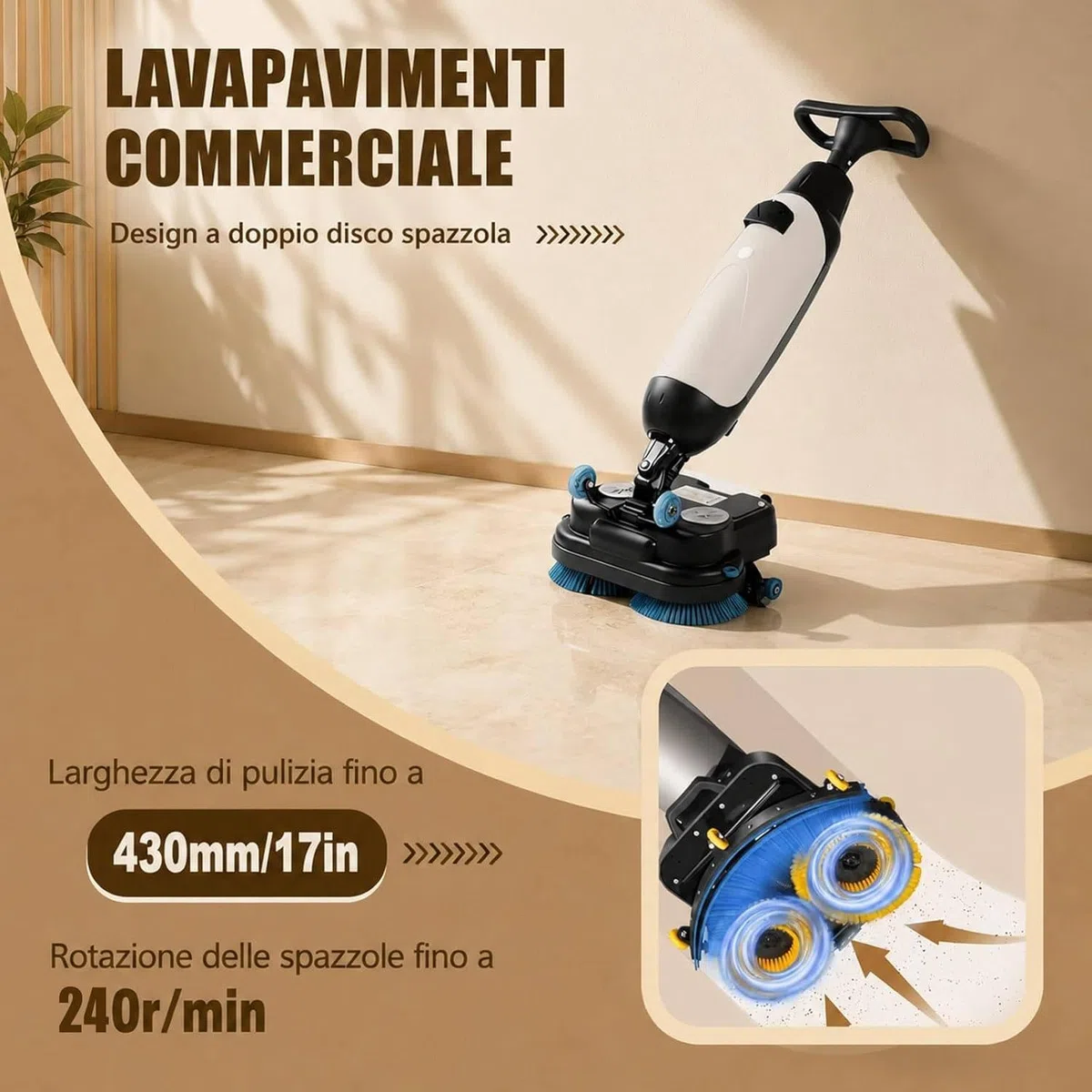 Autolaveuse Sol, Laveuse Sol, Largeur de Nettoyage de 45 cm, Capacité de Nettoyage de 12 000 Pi²/H, 240 Nettoyage en Profondeur RPM, Double Brosse, Autolaveuse électrique White
