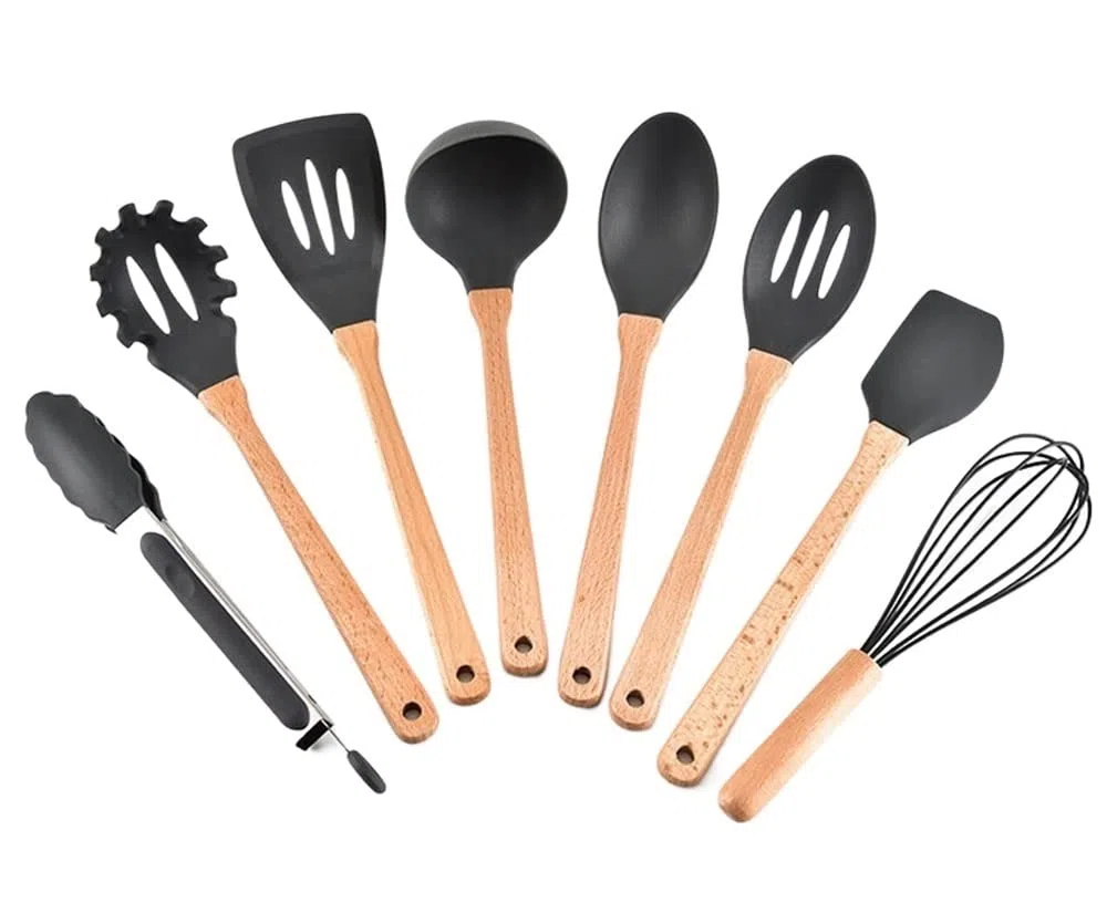 Ensemble d'ustensiles de Cuisine en Silicone, 8 pièces avec poignées en Bois, têtes en Silicone de qualité Alimentaire, ustensiles de Cuisine en Silicone pour ustens