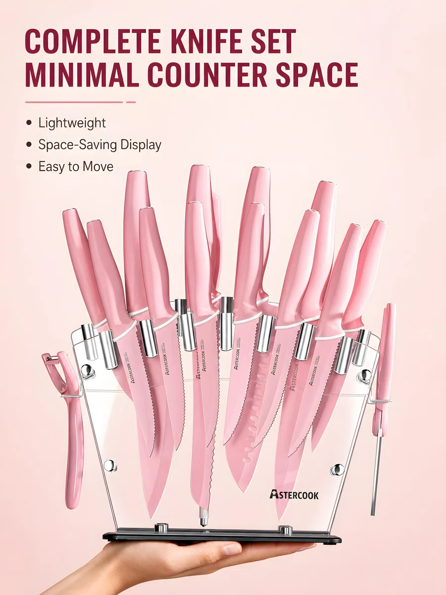 Astercook Kitchen Knife Set with Block and Sharpener 22 Piece German High Carbon Stainless Steel Knives Sharp Blade Dishwasher Safe Knife Set with Anti-slip Ergonomic Handle, Crystal Pink