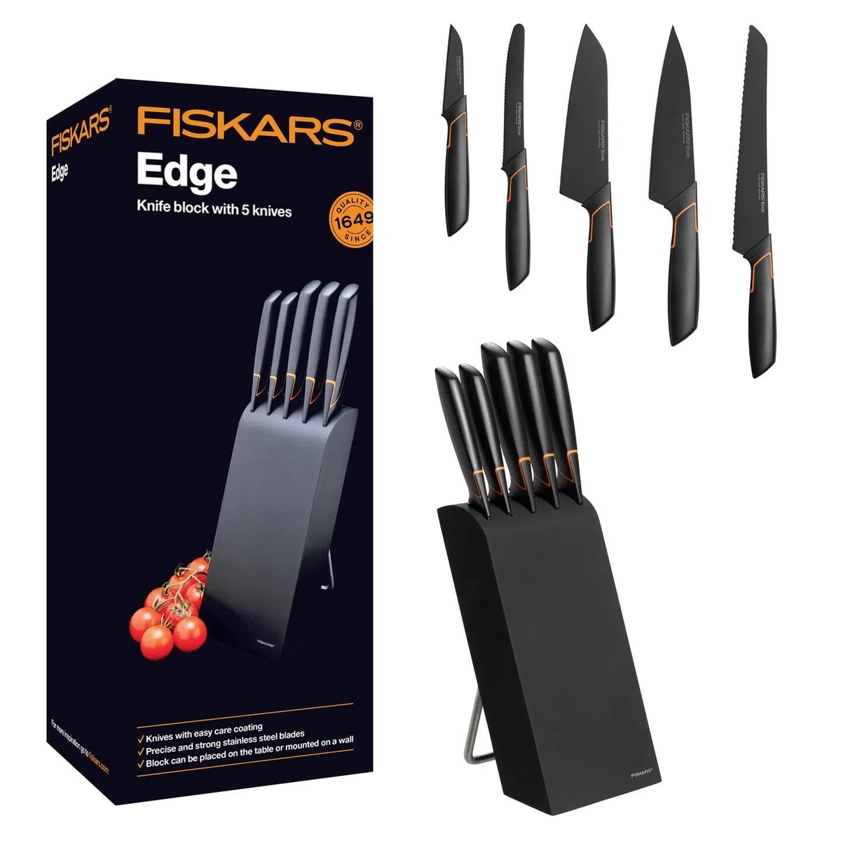Fiskars Bloc design avec 5 couteaux, Largeur: 15,5 cm, Hauteur: 37 cm, Bois de bouleau, Noir, Edge, 1003099