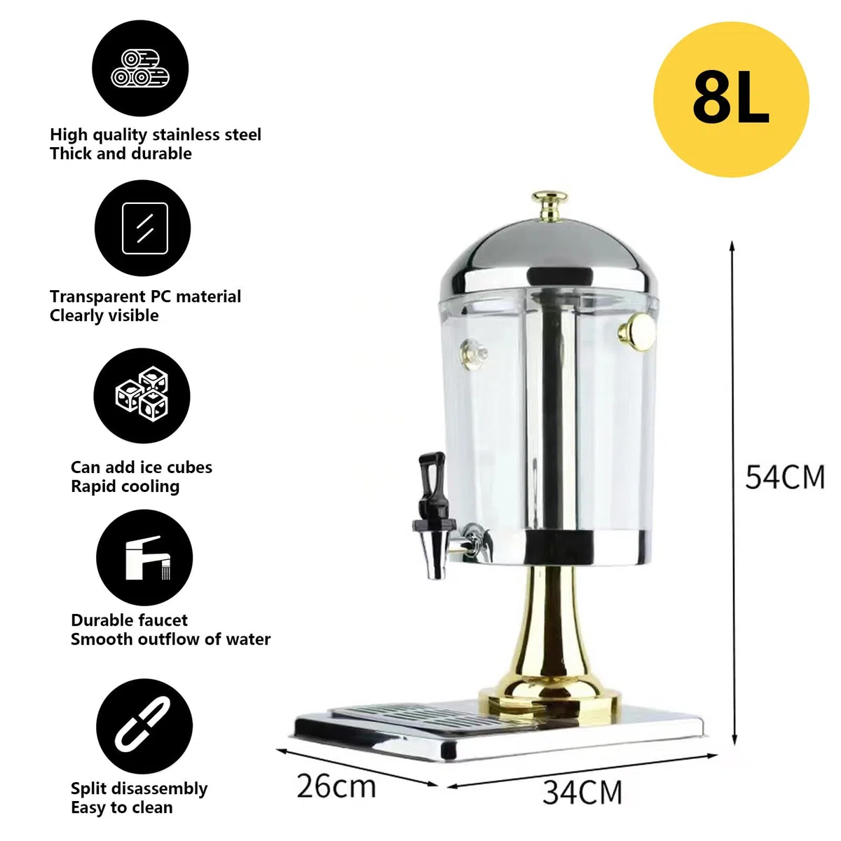Distributeur d'eau en Acier Inoxydable 8L Distributeur d'eau Chaude Et Froide, Machine À Jus Spigot Lait Café Eau Jus Bière,Gold
