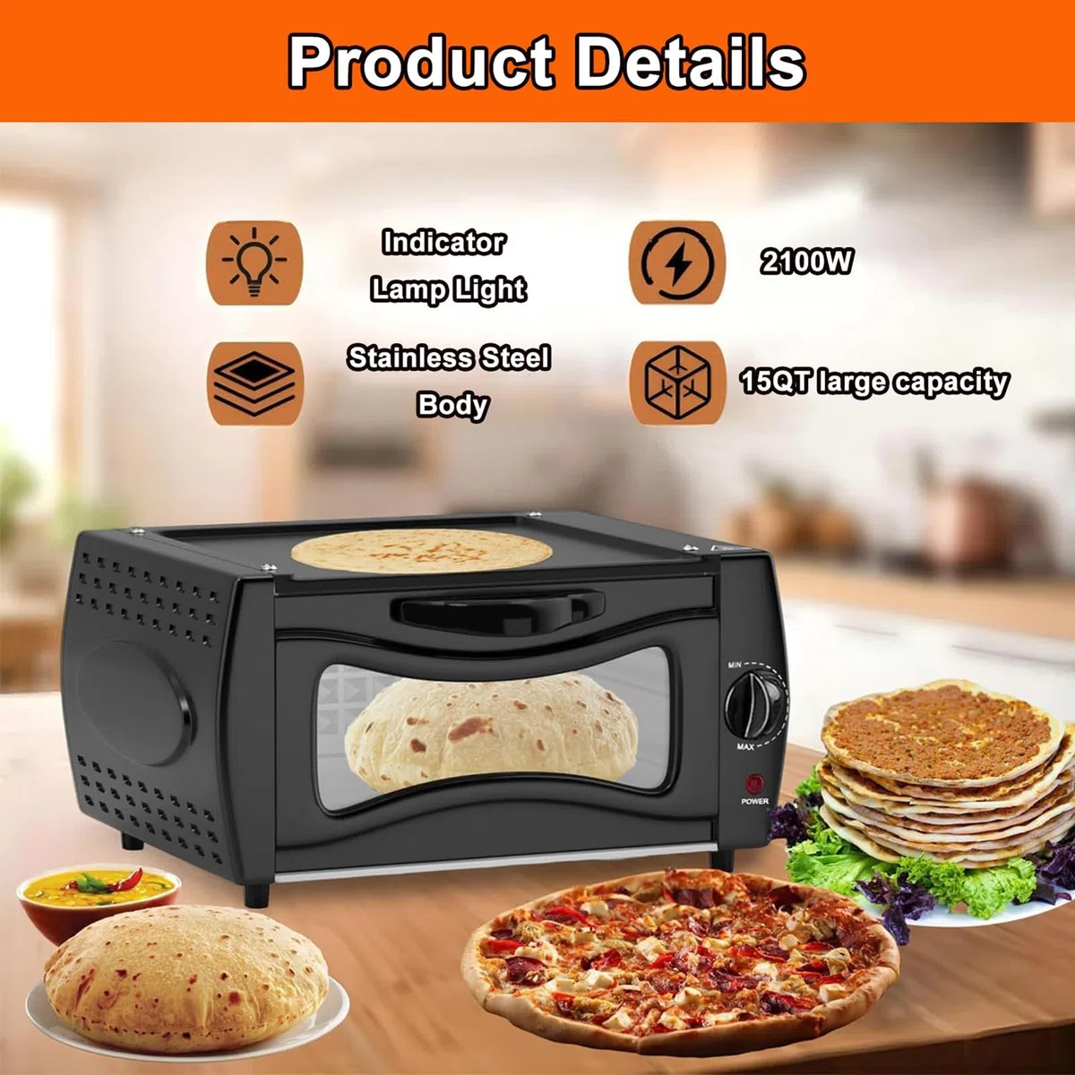 Four électrique Tandoor 2 en 1 avec contrôle de la température, porte en verre visuelle, plateau de cuisson, plaque de cuisson, four à pizza 2100 W pour Chapati, Naan, Lahmacun, Manakish