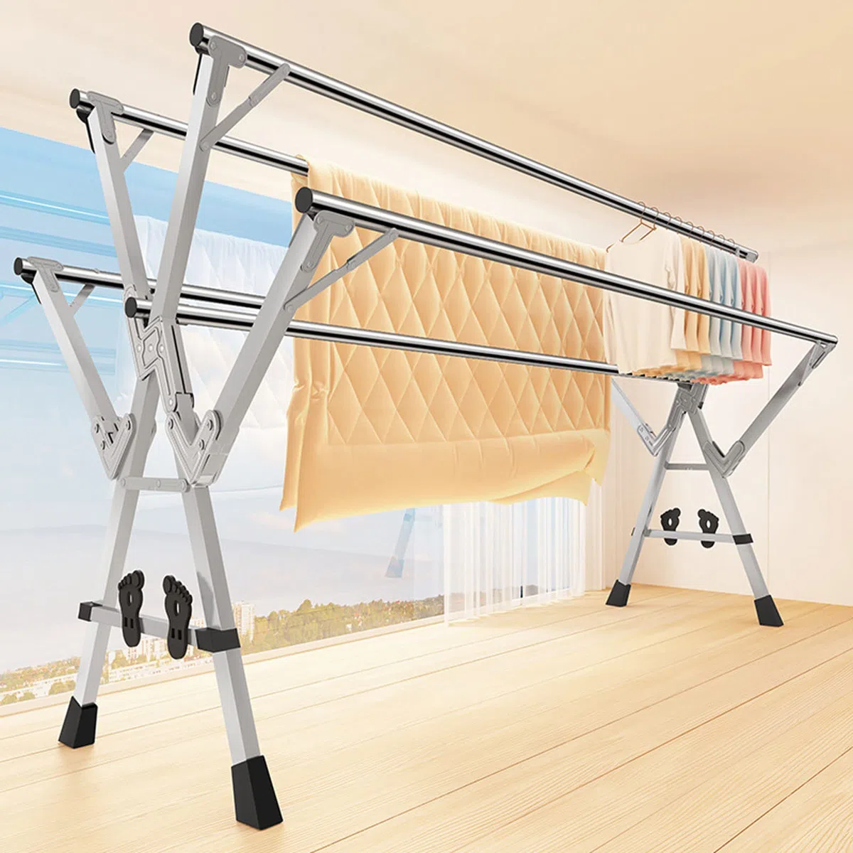 YSUEFIJO Etendoir a Linge Interieur Exterieur Retractable Pliant, Clothes Rack a Roulette Extensible, Sechoir a Linge Acier Inoxydable 5 Canne avec Crochets Coupe-Vent, étagère à Chaussures (240cm)