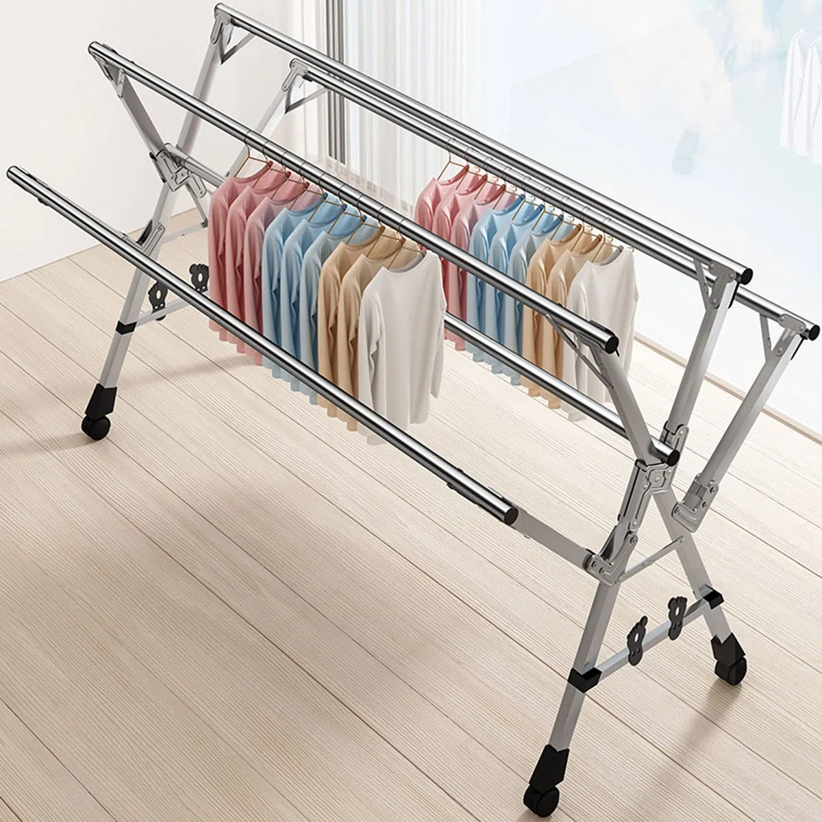 YSUEFIJO Etendoir a Linge Interieur Exterieur Retractable Pliant, Clothes Rack a Roulette Extensible, Sechoir a Linge Acier Inoxydable 5 Canne avec Crochets Coupe-Vent, étagère à Chaussures (240cm)