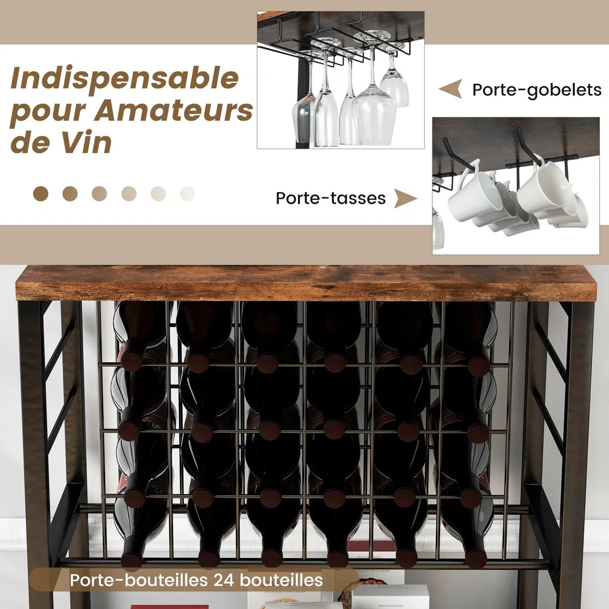 COSTWAY Casier à Vin Industriel de 24 Bouteilles, 4 Étagères de Rangement, Porte-Verre, Porte Bouteilles, Prises de Courant, 2 USB, pour Bar, Cuisine, 48 x 76 x 162,5 cm, Marron Rustique