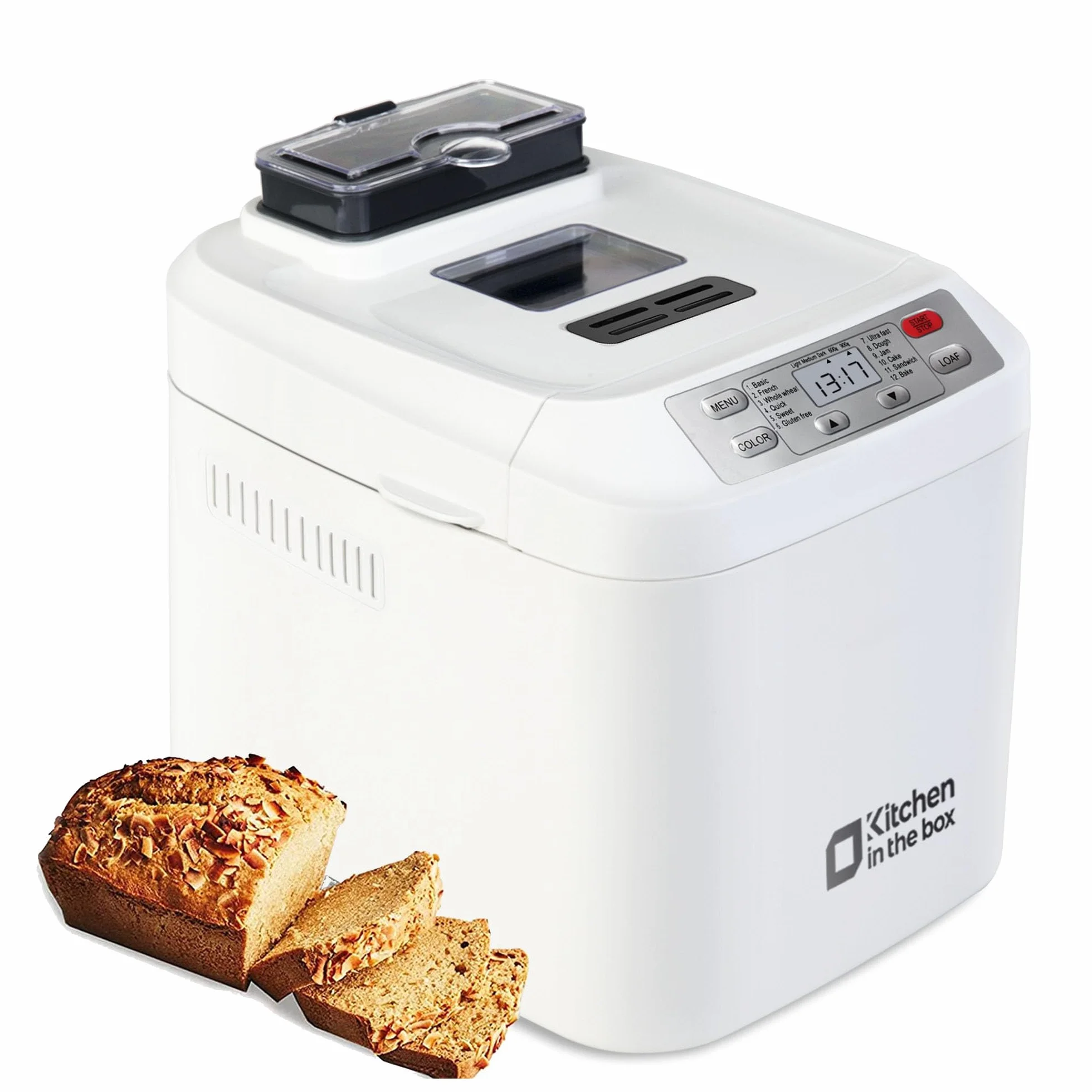 Machine à pain Kitchen in the box Programmes 12 en 1, réglage sans gluten, distributeur automatique de noix et moule antiadhésif amovible, 2 tailles de pain (0,9 kg), minuterie de retard de 13 heures