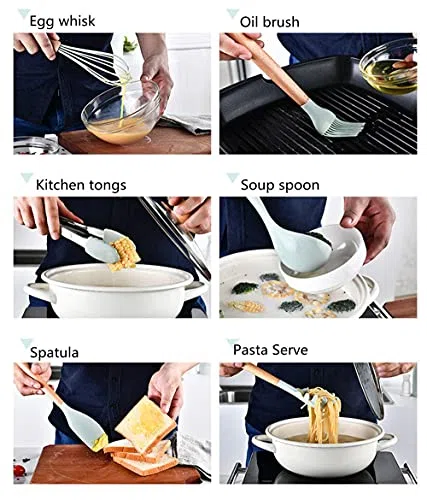 Ensemble d'ustensiles de Cuisine en Silicone, 11 pièces, résistants à la Chaleur, avec poignées en Bois, pour ustensiles de Cuisine antiadhésifs (Noir)