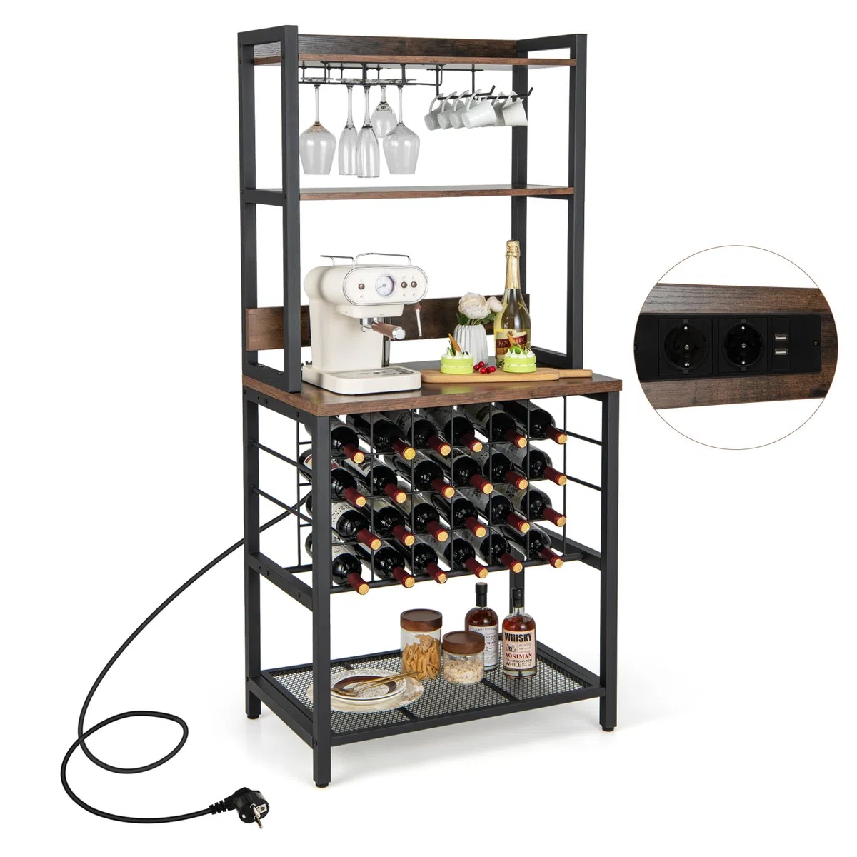 COSTWAY Casier à Vin Industriel de 24 Bouteilles, 4 Étagères de Rangement, Porte-Verre, Porte Bouteilles, Prises de Courant, 2 USB, pour Bar, Cuisine, 48 x 76 x 162,5 cm, Marron Rustique