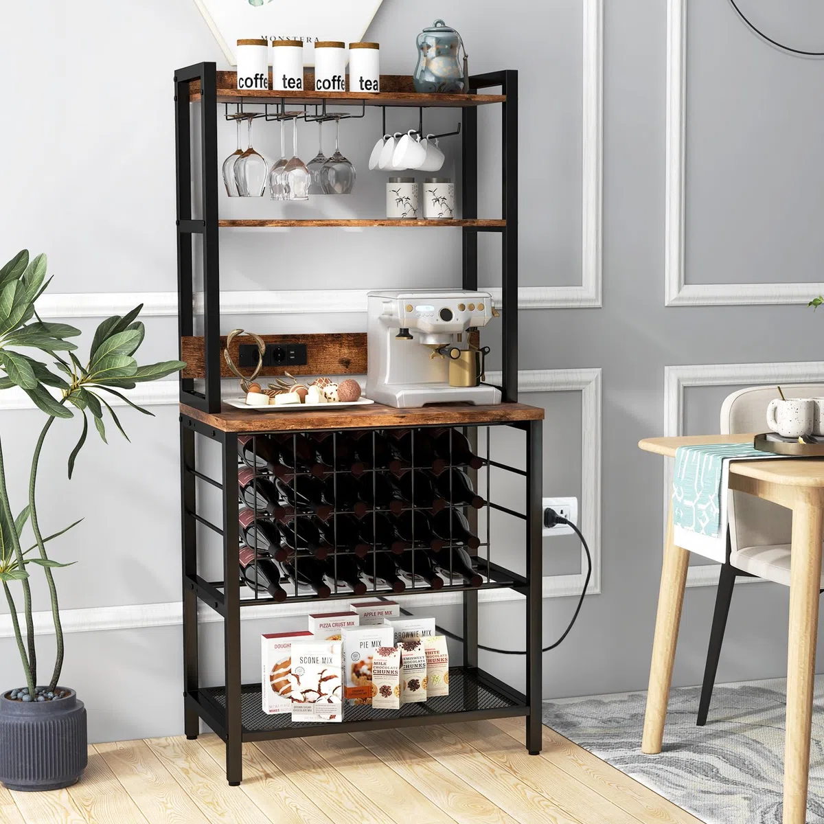 COSTWAY Casier à Vin Industriel de 24 Bouteilles, 4 Étagères de Rangement, Porte-Verre, Porte Bouteilles, Prises de Courant, 2 USB, pour Bar, Cuisine, 48 x 76 x 162,5 cm, Marron Rustique
