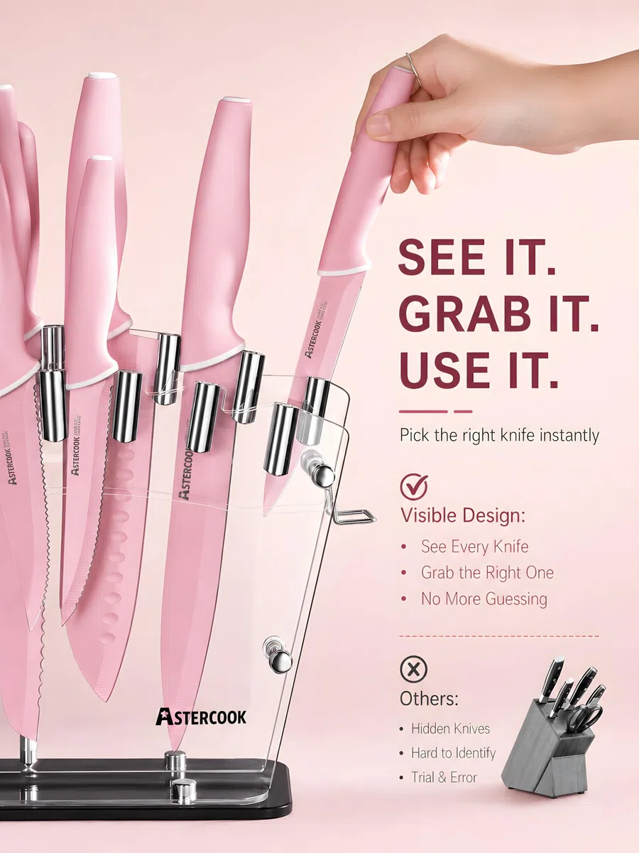Astercook Kitchen Knife Set with Block and Sharpener 22 Piece German High Carbon Stainless Steel Knives Sharp Blade Dishwasher Safe Knife Set with Anti-slip Ergonomic Handle, Crystal Pink