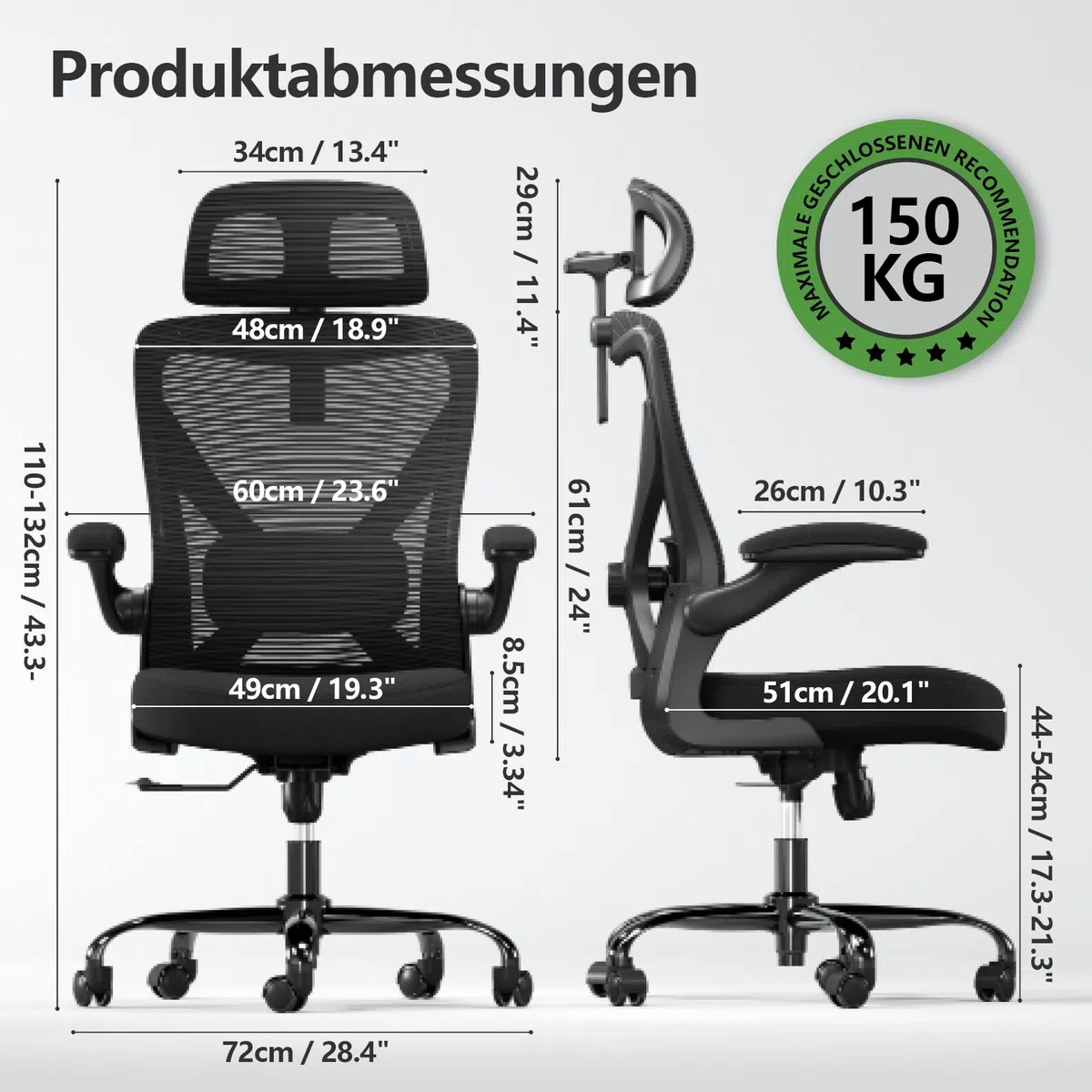 TRALT Chaise de Bureau, Ergonomique, avec Appui-tête réglable, appuie-tête, Chaise de Jeu, en Forme de X, 150 kg, Noire