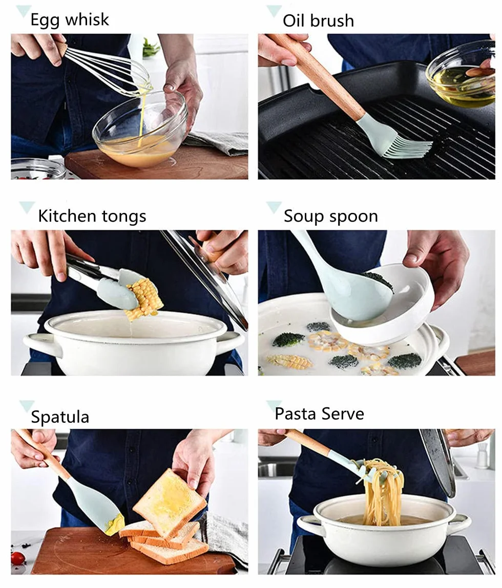 Ensemble d'ustensiles de Cuisine en Silicone 11 pièces avec poignées en Bois et ustensiles de Cuisson résistants à la Chaleur pour ustensiles de Cuisine antiadhésifs (Rose)