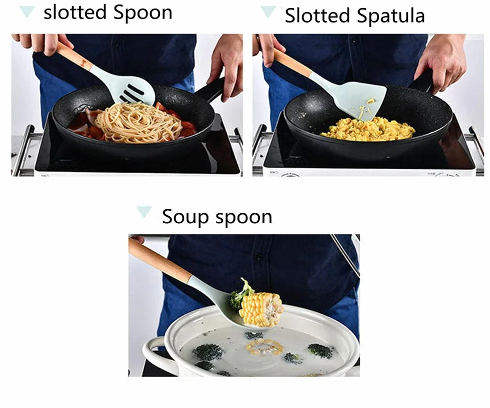 Ensemble d'ustensiles de Cuisine en Silicone 11 pièces avec poignées en Bois et ustensiles de Cuisson résistants à la Chaleur pour ustensiles de Cuisine antiadhésifs (Rose)