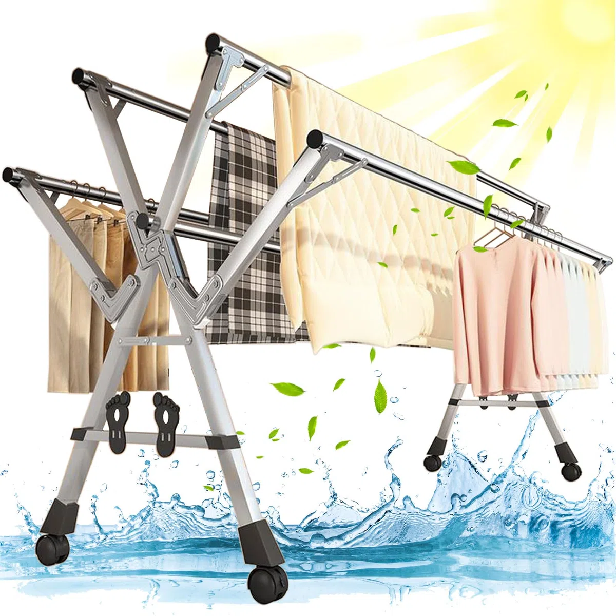 YSUEFIJO Etendoir a Linge Interieur Exterieur Retractable Pliant, Clothes Rack a Roulette Extensible, Sechoir a Linge Acier Inoxydable 5 Canne avec Crochets Coupe-Vent, étagère à Chaussures (240cm)