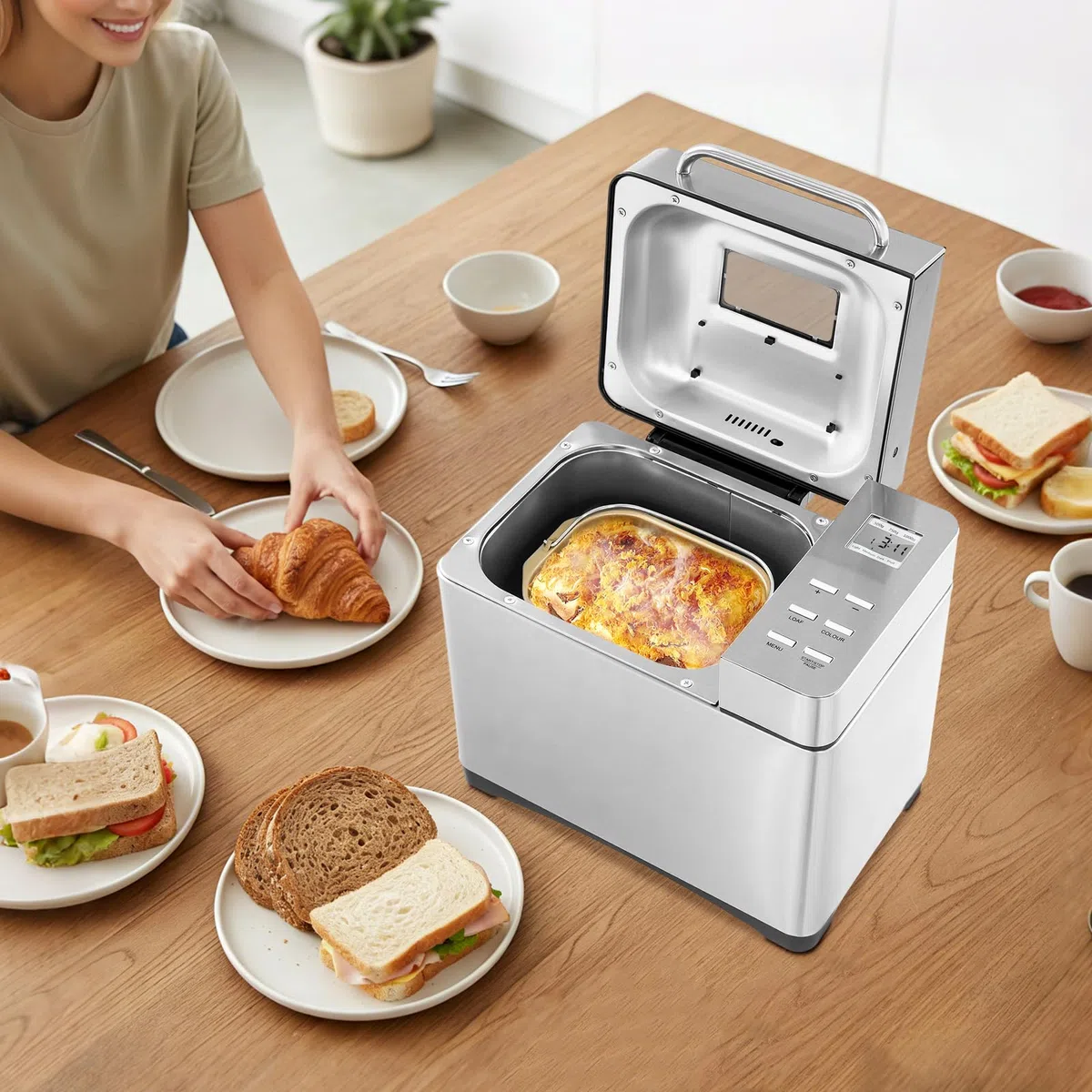 Écran LCD et ouvertures de refroidissement Machine à pain sans trou dans le pain, machine à pain idéale pour la maison et le camping, utilisation et contrôle faciles
