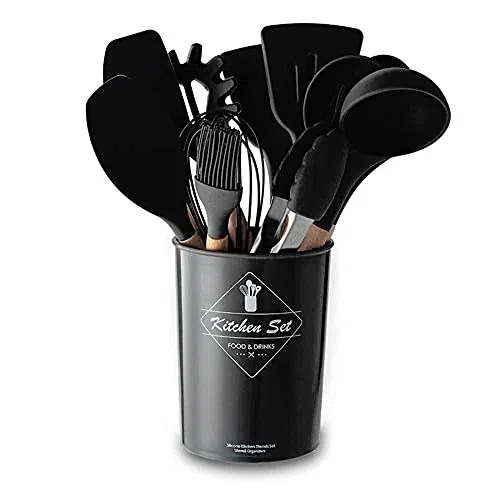 Ensemble d'ustensiles de Cuisine en Silicone, 11 pièces, résistants à la Chaleur, avec poignées en Bois, pour ustensiles de Cuisine antiadhésifs (Noir)