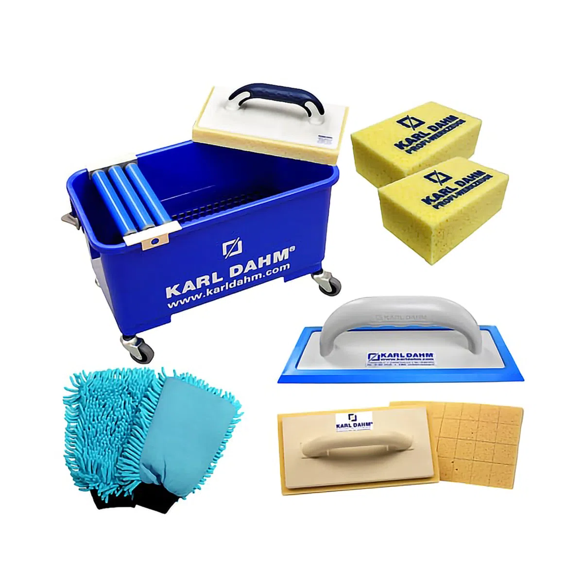 Karl Dahm Kit de Lavage Express à Rouleaux avec Nombreux Accessoires I Set de Lavage pour Carreleurs I Seau à Laver le Carrelage à Roues I Set de Lavage de Carreaux Pro à 3 Rouleaux d’Essorage - 15555
