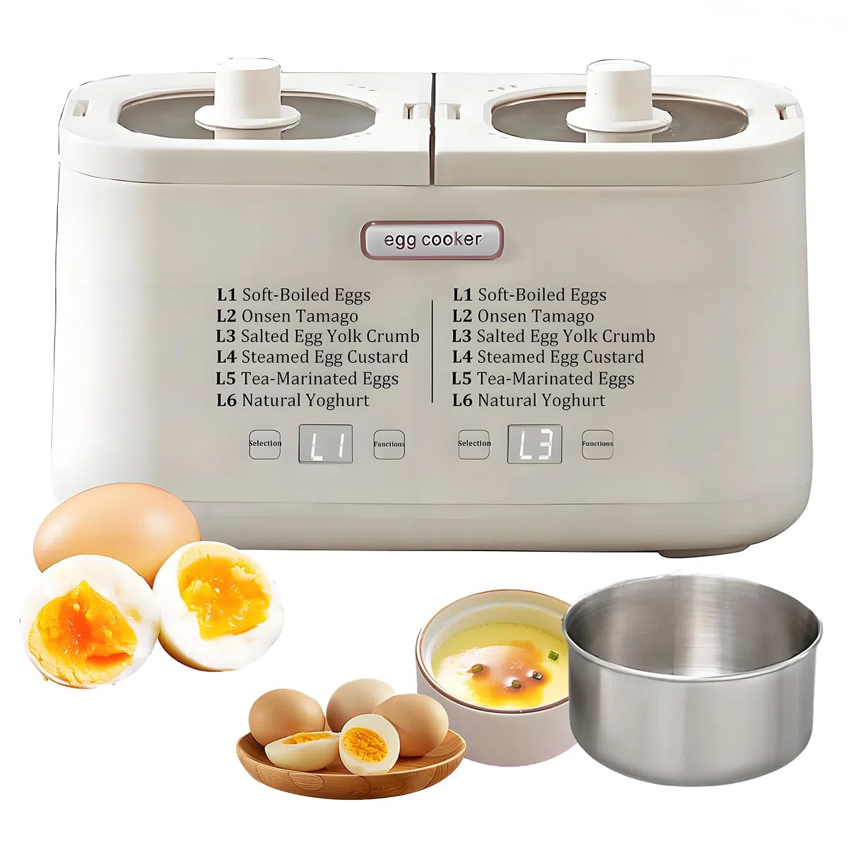 Chaudière à œufs électrique Intelligente, cuisinière à 8 capacités avec Bol Inoxydable.Contrôle Thermique à Double Zone pour Les œufs durs pochés.6 Modes One-Touch, Minuterie 24H, Plateau Antiadhésif