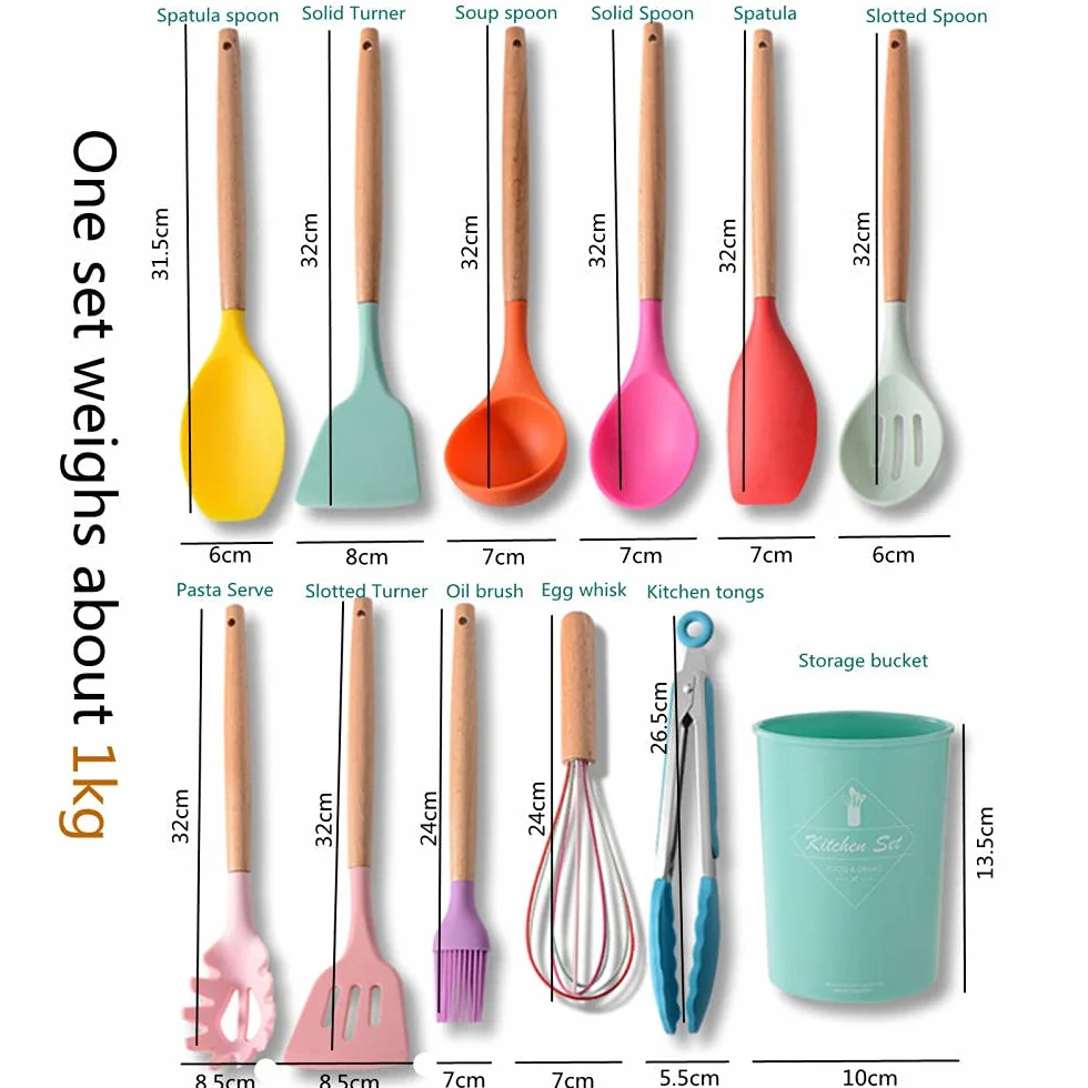 Ensemble d'ustensiles de Cuisine en Silicone 11 pièces avec poignées en Bois et ustensiles de Cuisson résistants à la Chaleur pour ustensiles de Cuisine antiadhésifs (Rose)
