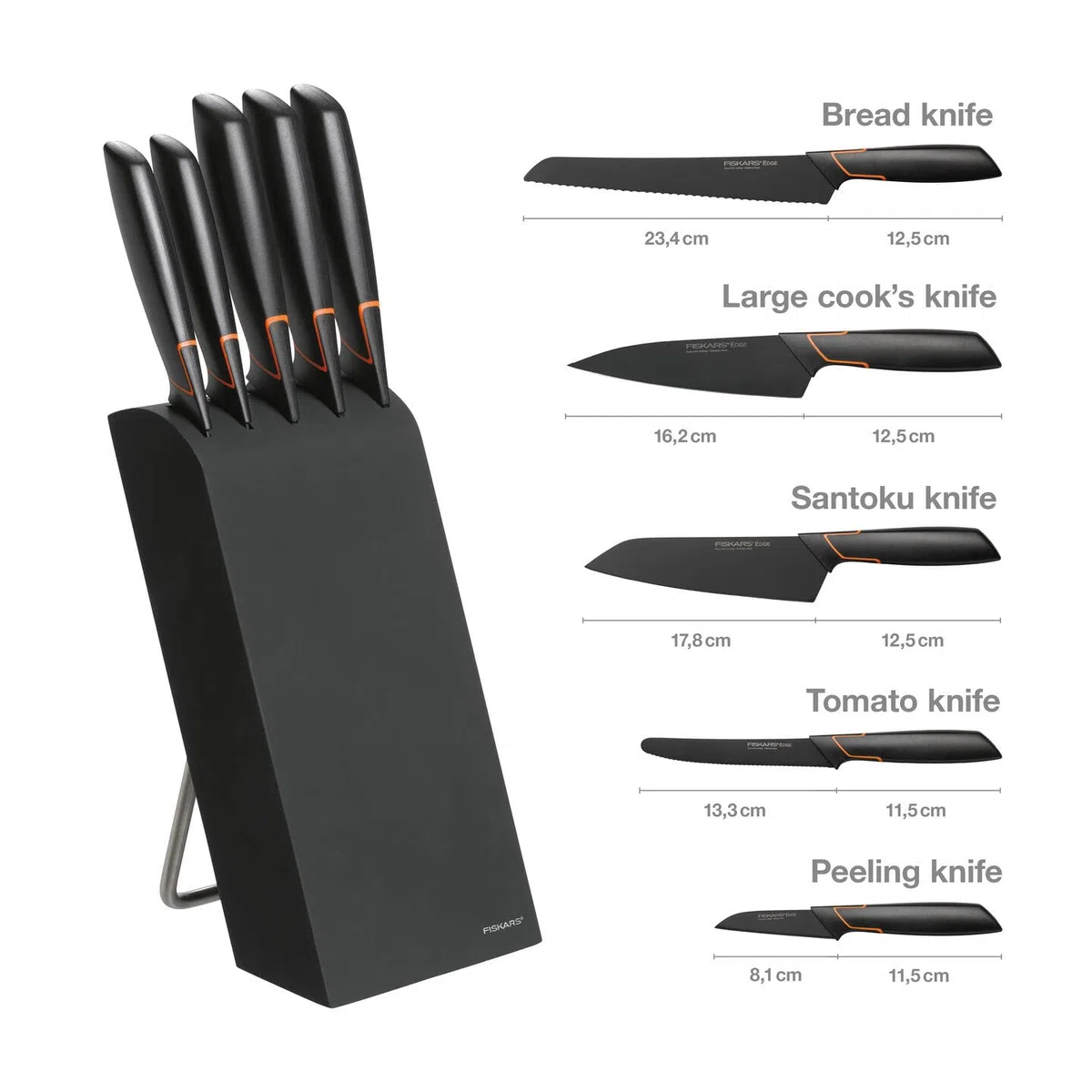 Fiskars Bloc design avec 5 couteaux, Largeur: 15,5 cm, Hauteur: 37 cm, Bois de bouleau, Noir, Edge, 1003099