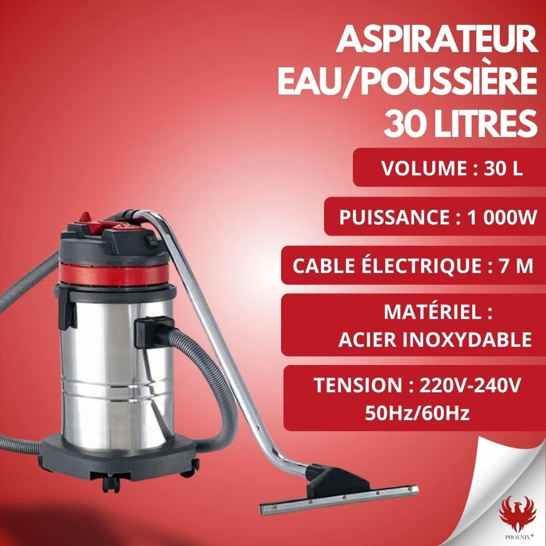 Phoenix - Aspirateur Eau et poussière 30L, Aspirateur Chantier Puissant 1000W - réservoir INOX - Accessoires Inclus câble 7m - 1 Moteur