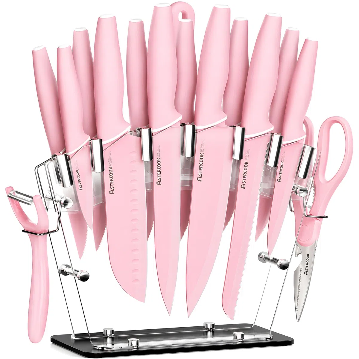 Astercook Kitchen Knife Set with Block and Sharpener 22 Piece German High Carbon Stainless Steel Knives Sharp Blade Dishwasher Safe Knife Set with Anti-slip Ergonomic Handle, Crystal Pink