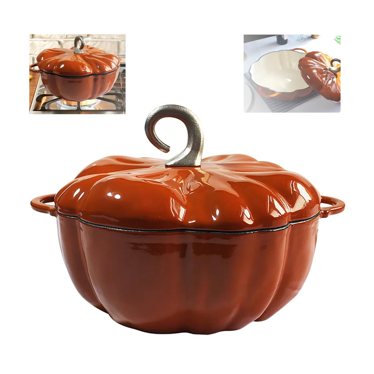 Ragoût de citrouille pour cuisine Casserole en émail : poêle antiadhésive en forme de citrouille pour différents types de plaques de cuisson Facile à nettoyer (3,7 l)