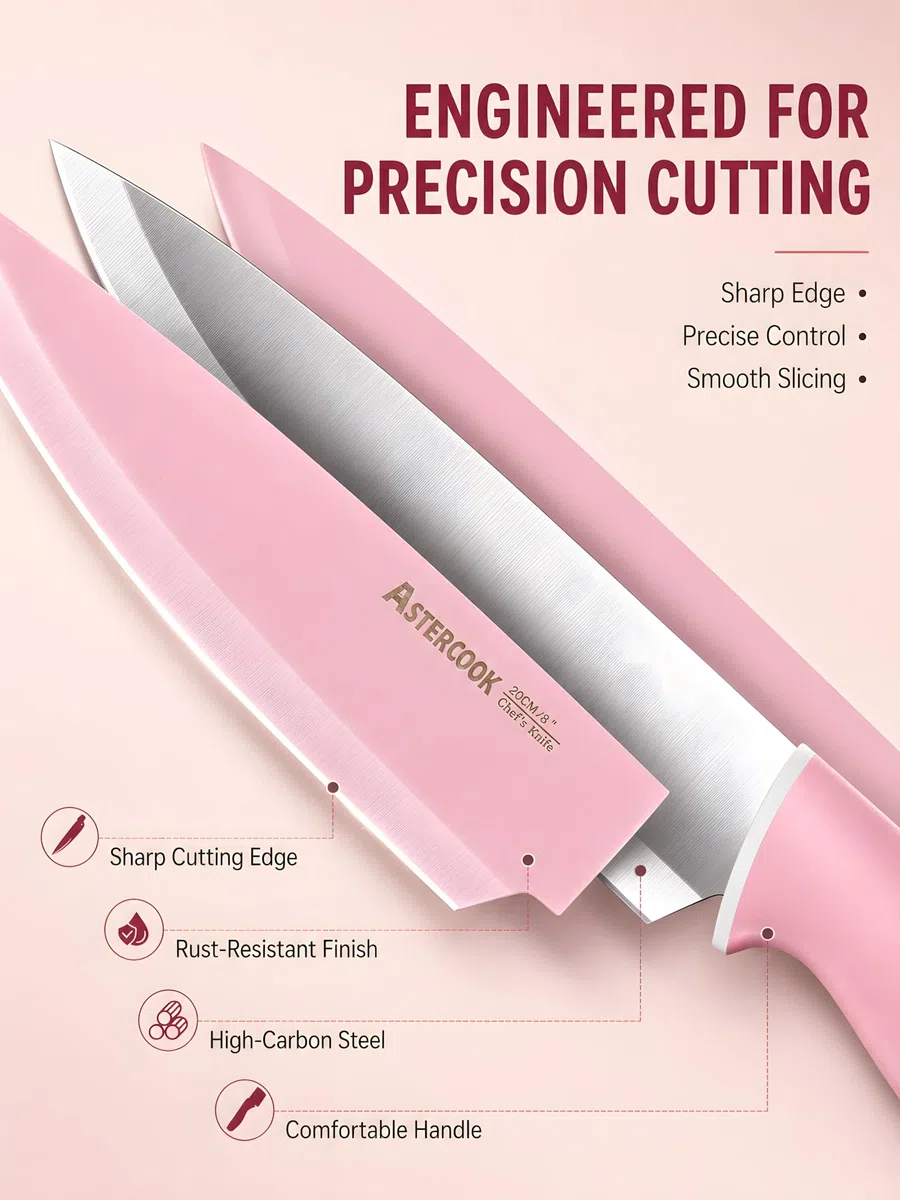 Astercook Kitchen Knife Set with Block and Sharpener 22 Piece German High Carbon Stainless Steel Knives Sharp Blade Dishwasher Safe Knife Set with Anti-slip Ergonomic Handle, Crystal Pink
