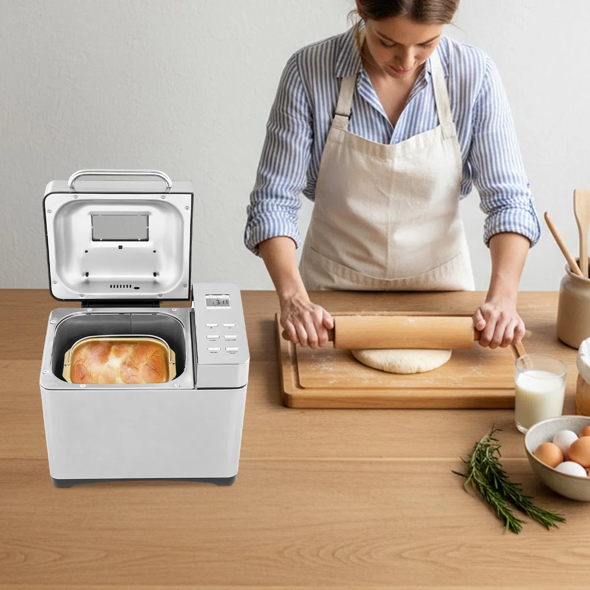 Écran LCD et ouvertures de refroidissement Machine à pain sans trou dans le pain, machine à pain idéale pour la maison et le camping, utilisation et contrôle faciles