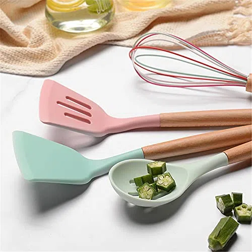Ensemble d'ustensiles de Cuisine en Silicone, 11 pièces, résistants à la Chaleur, avec poignées en Bois, pour ustensiles de Cuisine antiadhésifs (Noir)