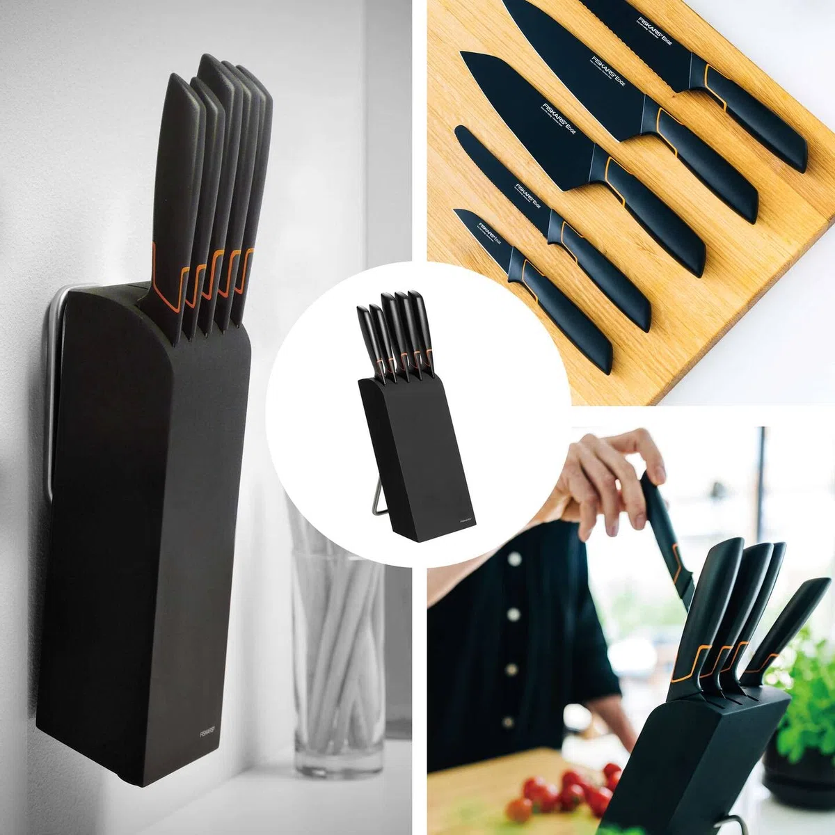 Fiskars Bloc design avec 5 couteaux, Largeur: 15,5 cm, Hauteur: 37 cm, Bois de bouleau, Noir, Edge, 1003099