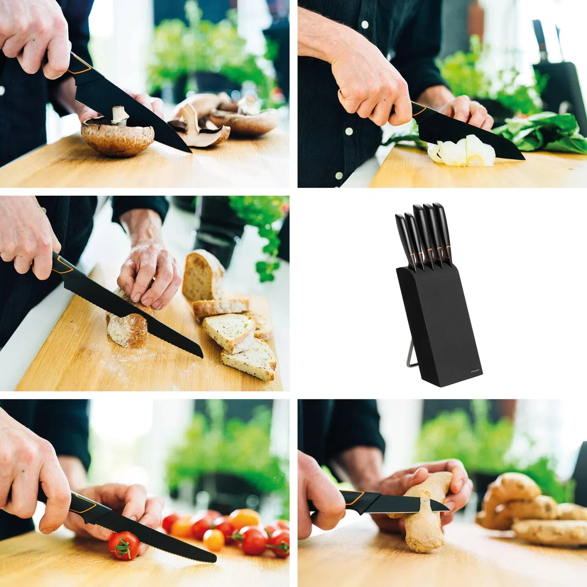 Fiskars Bloc design avec 5 couteaux, Largeur: 15,5 cm, Hauteur: 37 cm, Bois de bouleau, Noir, Edge, 1003099