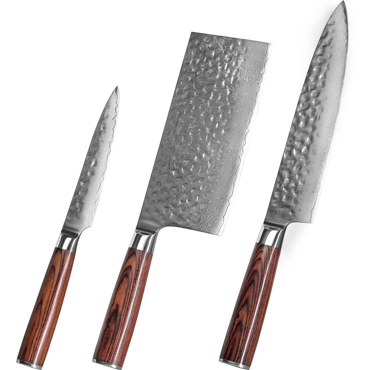 Lot de 3 couteaux de cuisine Damas (couteau de chef, couperet, couteau d'office )