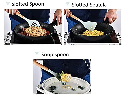 Ensemble d'ustensiles de Cuisine en Silicone, 11 pièces, résistants à la Chaleur, avec poignées en Bois, pour ustensiles de Cuisine antiadhésifs (Noir)