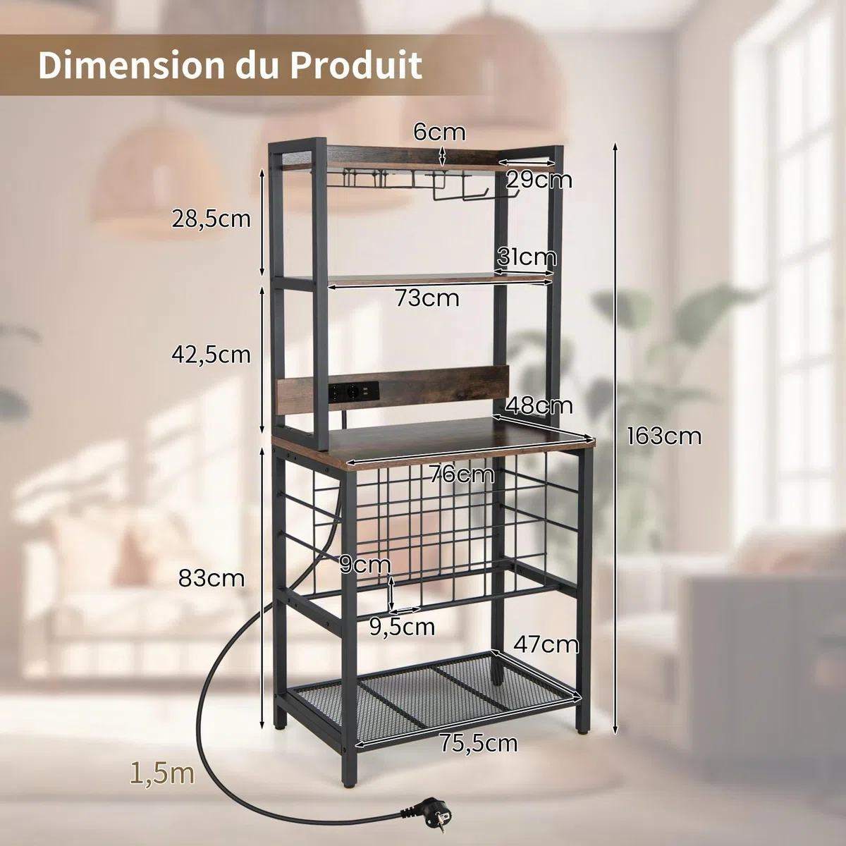 COSTWAY Casier à Vin Industriel de 24 Bouteilles, 4 Étagères de Rangement, Porte-Verre, Porte Bouteilles, Prises de Courant, 2 USB, pour Bar, Cuisine, 48 x 76 x 162,5 cm, Marron Rustique