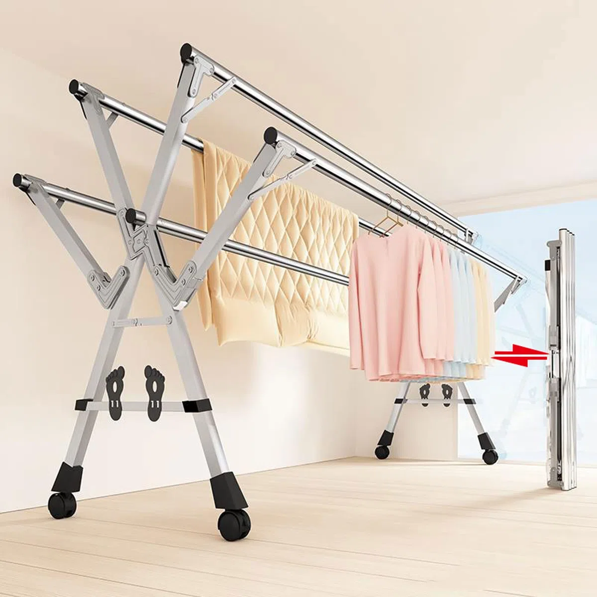 YSUEFIJO Etendoir a Linge Interieur Exterieur Retractable Pliant, Clothes Rack a Roulette Extensible, Sechoir a Linge Acier Inoxydable 5 Canne avec Crochets Coupe-Vent, étagère à Chaussures (240cm)