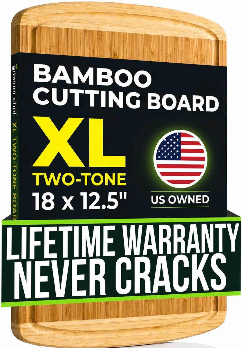 Greener Chef Extra Large Planche à découper en bambou organique avec une nouvelle technologie Crack-prévention du bois pour la cuisine Planches à découper - Jus Groove pour la viande 18" x 12.5" XL Cutting Board