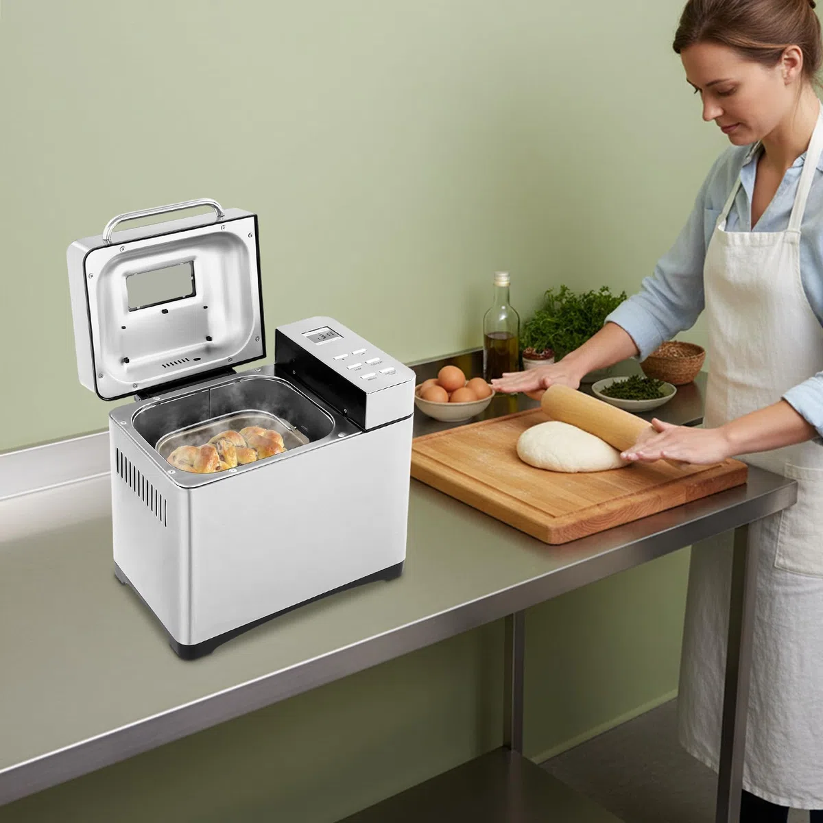 Écran LCD et ouvertures de refroidissement Machine à pain sans trou dans le pain, machine à pain idéale pour la maison et le camping, utilisation et contrôle faciles