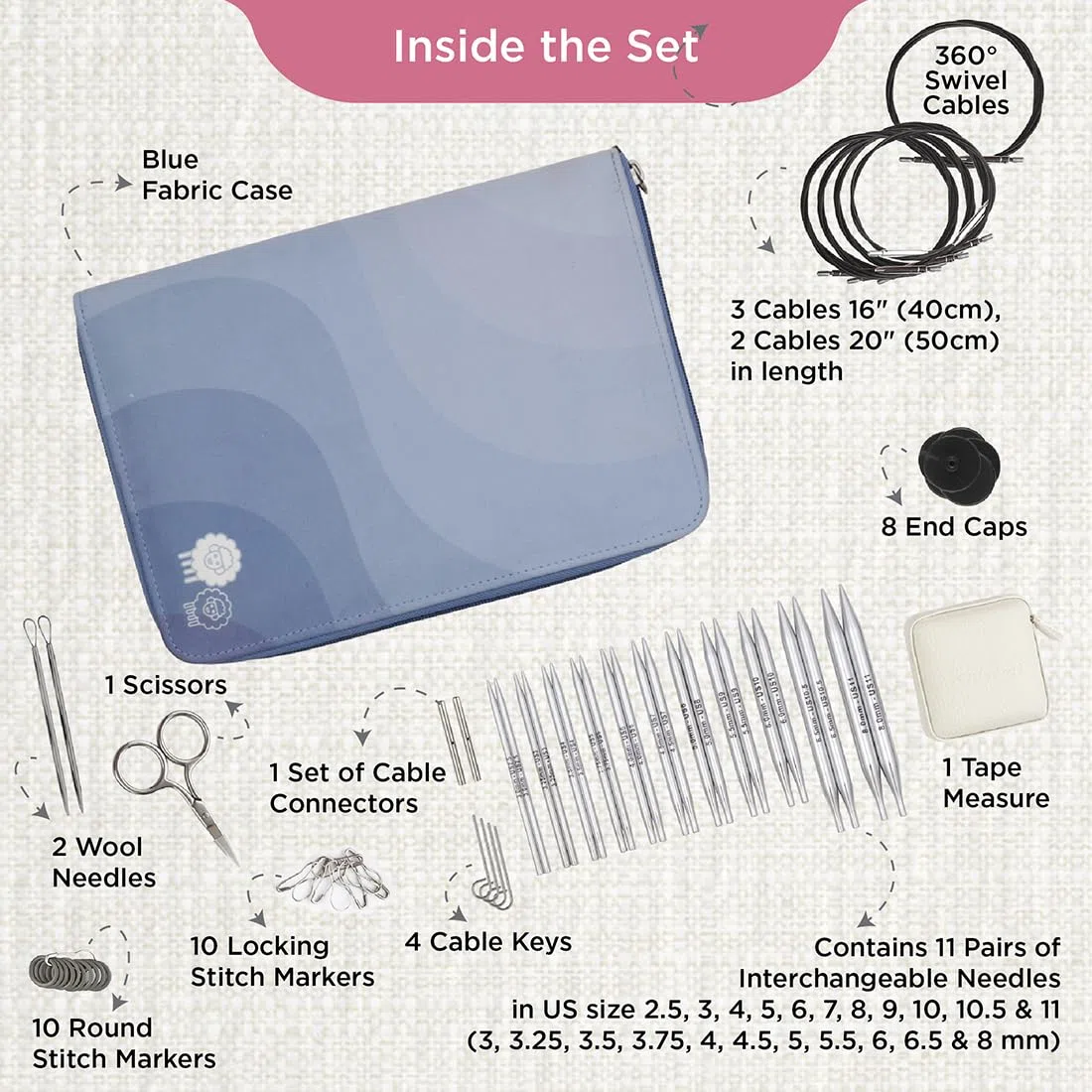 KnitPro Nova Regal Set d'aiguilles interchangeables – Paires d'épingles à tricoter circulaires 11 x 10 cm avec accessoires Nova Regal Set pour débutants, professionnels et coffret cadeau